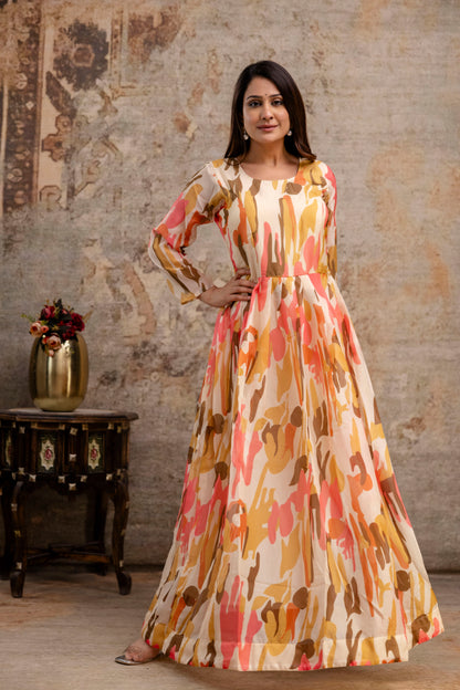 Printed Gown with Round Neck and Printed Organza Dupatta