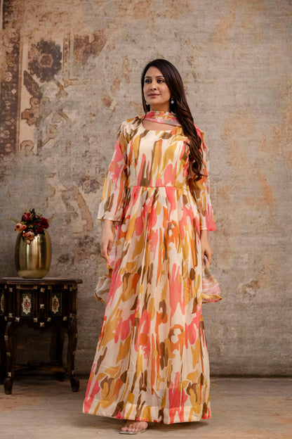Printed Gown with Round Neck and Printed Organza Dupatta
