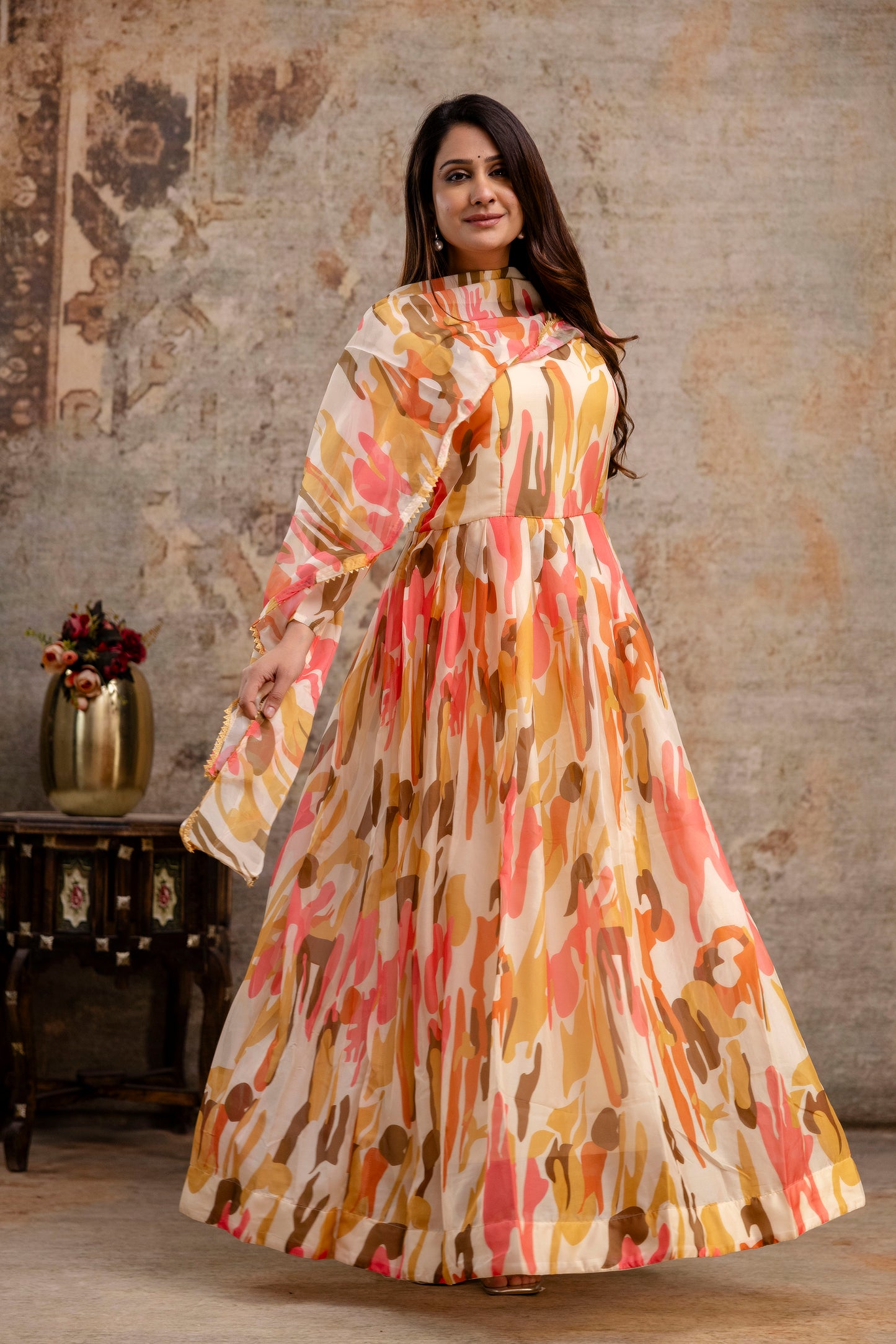 Printed Gown with Round Neck and Printed Organza Dupatta
