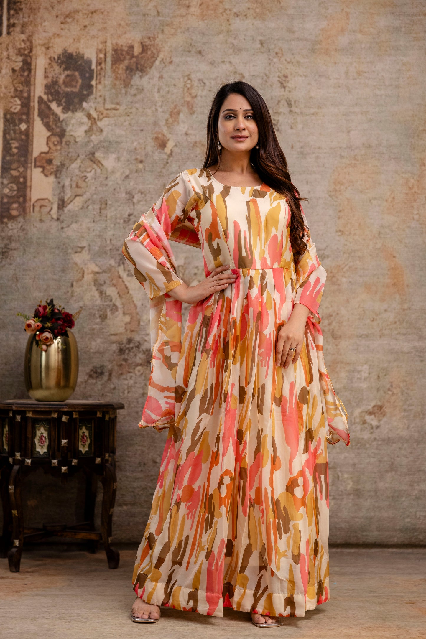 Printed Gown with Round Neck and Printed Organza Dupatta