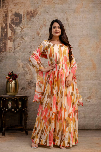 Printed Gown with Round Neck and Printed Organza Dupatta
