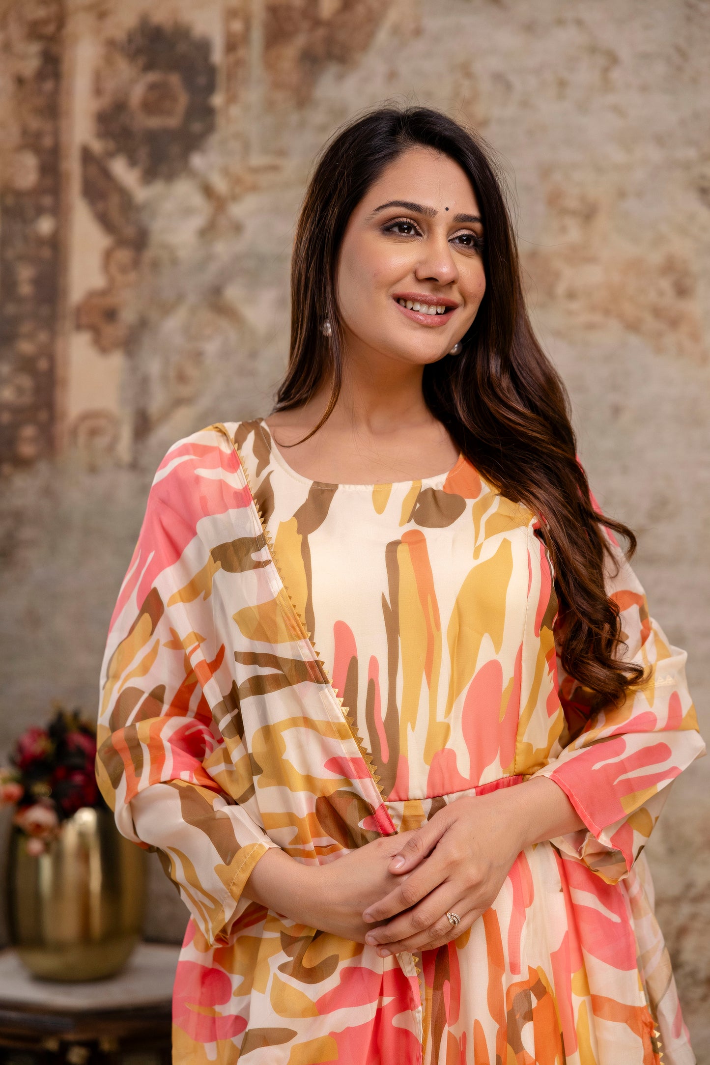 Printed Gown with Round Neck and Printed Organza Dupatta