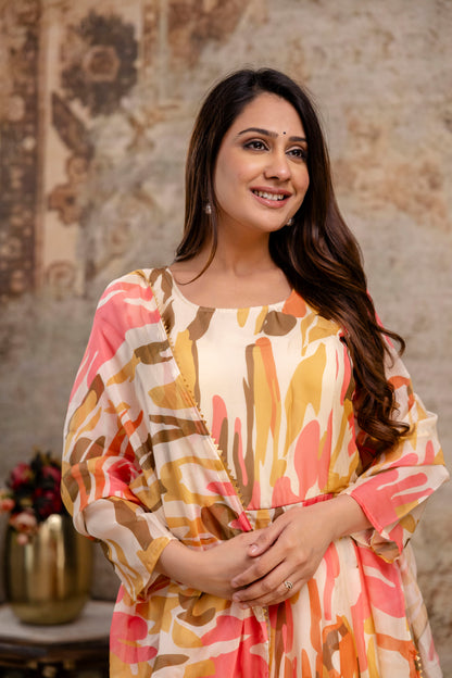 Printed Gown with Round Neck and Printed Organza Dupatta