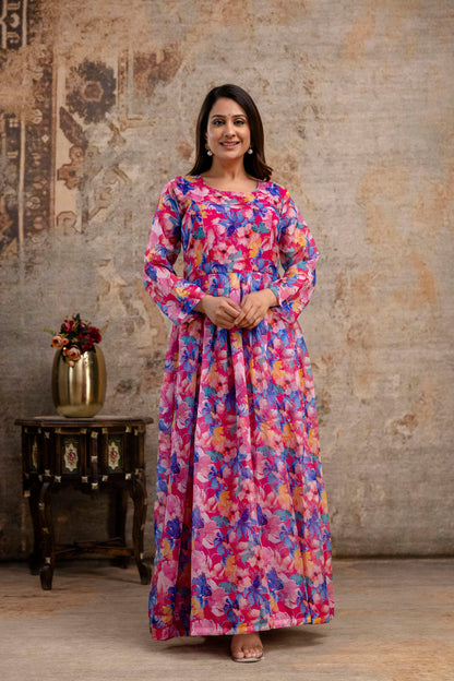 Printed Gown with Round Neck and Printed Organza Dupatta