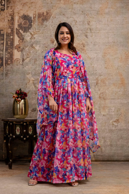 Printed Gown with Round Neck and Printed Organza Dupatta