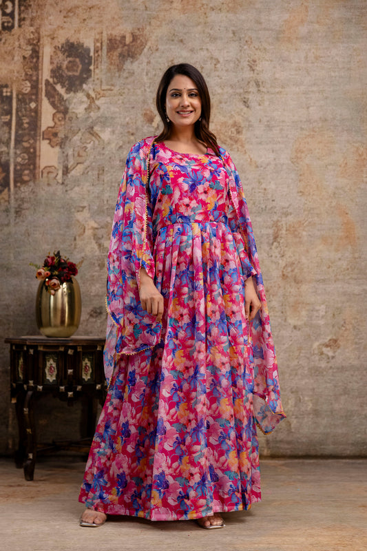 Printed Gown with Round Neck and Printed Organza Dupatta