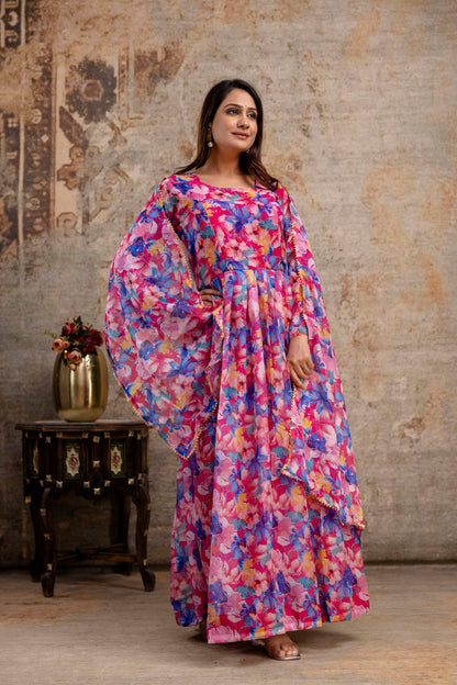 Printed Gown with Round Neck and Printed Organza Dupatta