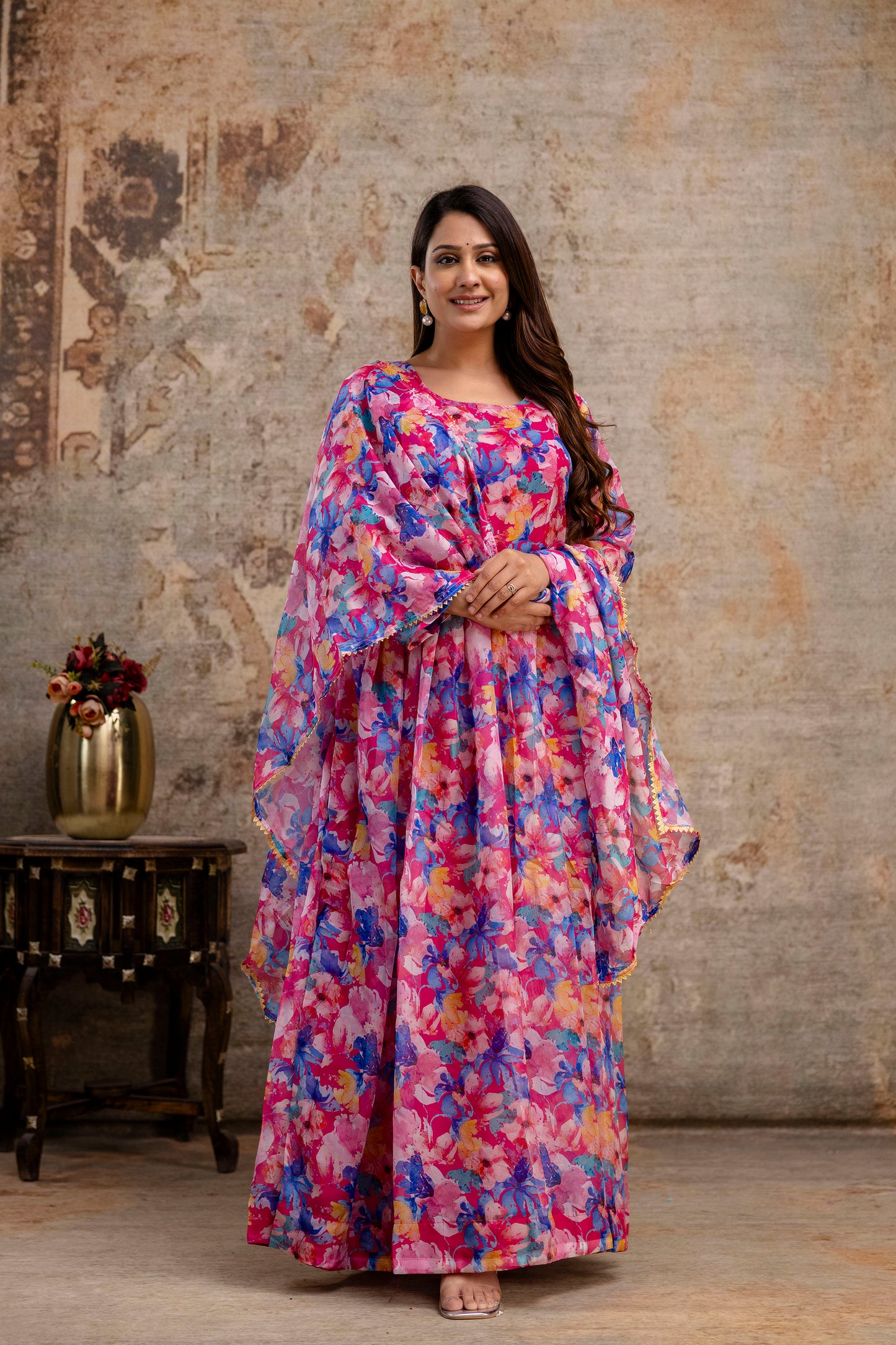 Printed Gown with Round Neck and Printed Organza Dupatta