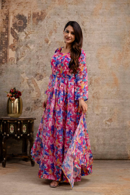 Printed Gown with Round Neck and Printed Organza Dupatta