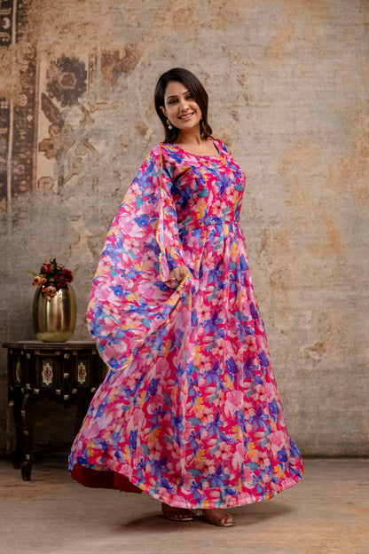 Printed Gown with Round Neck and Printed Organza Dupatta