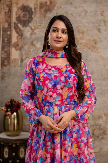 Printed Gown with Round Neck and Printed Organza Dupatta