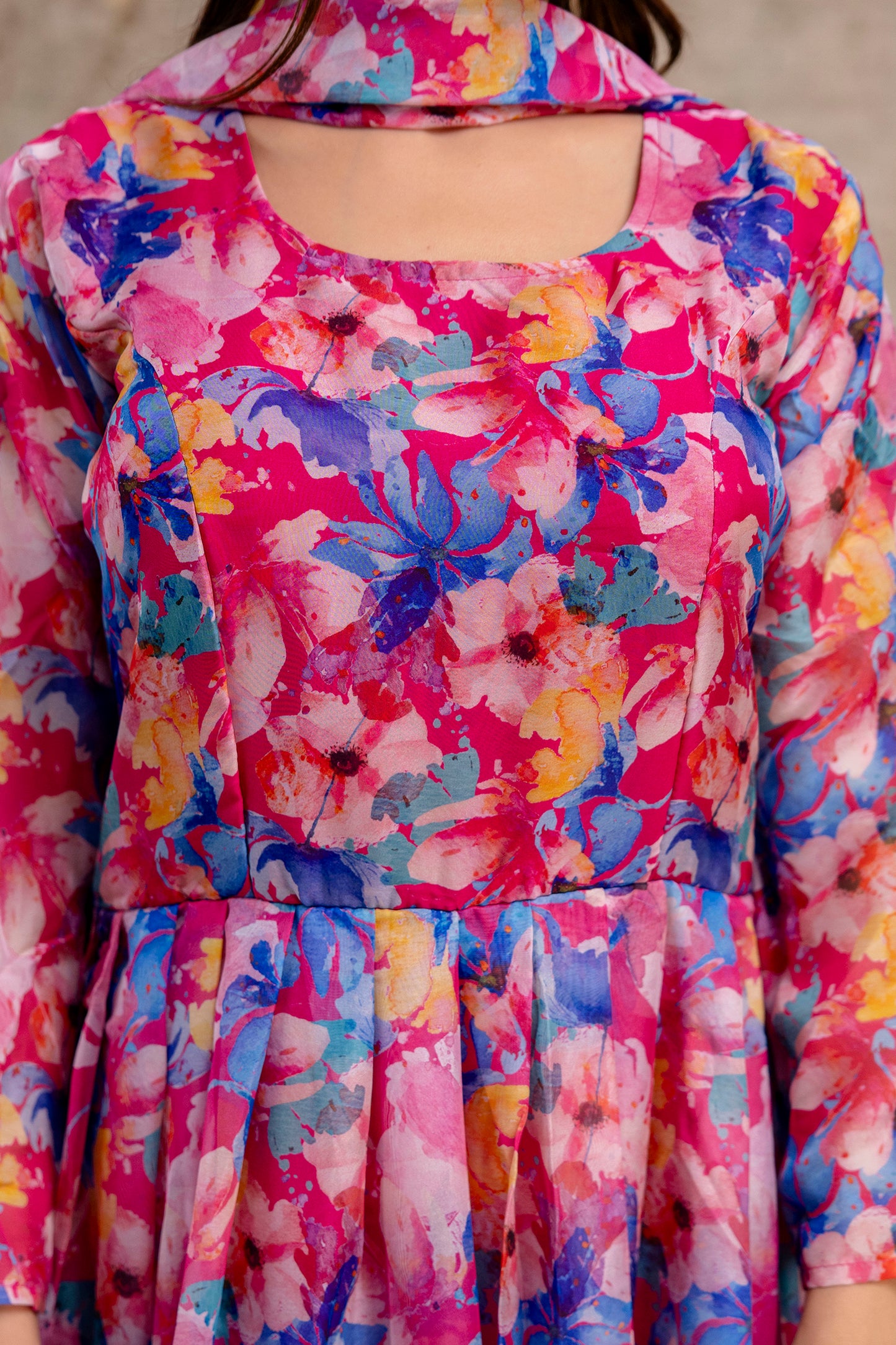 Printed Gown with Round Neck and Printed Organza Dupatta