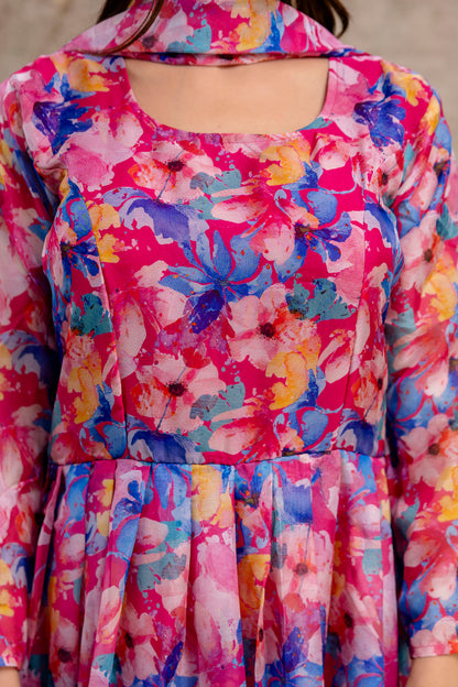 Printed Gown with Round Neck and Printed Organza Dupatta