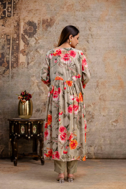 Printed Frock with Handwork, V-Neck, Sequence Work Dupatta & Plain Pant