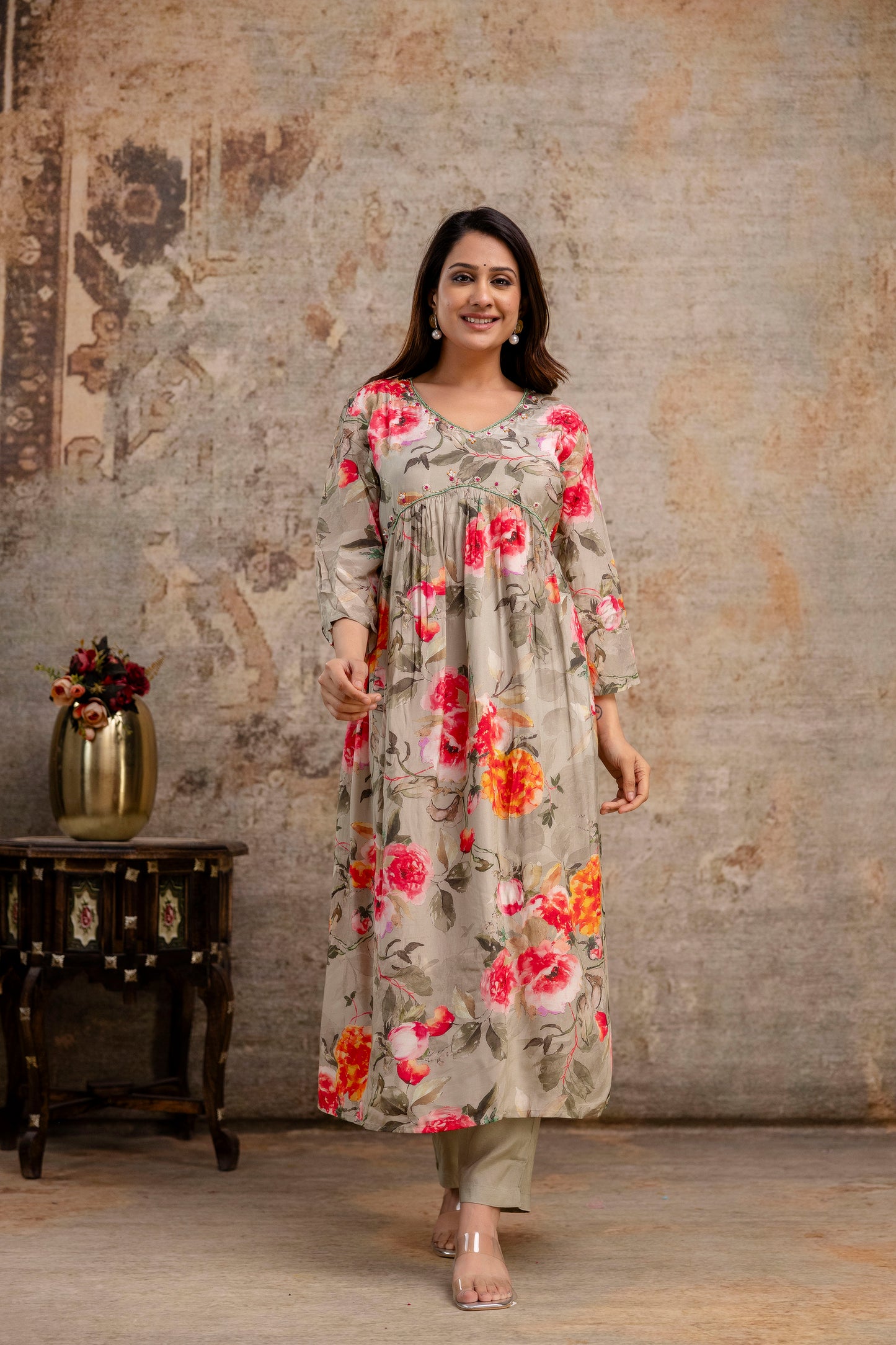 Printed Frock with Handwork, V-Neck, Sequence Work Dupatta & Plain Pant