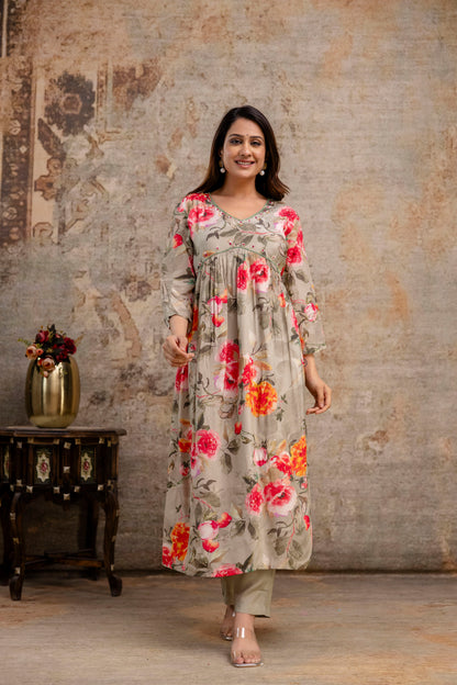 Printed Frock with Handwork, V-Neck, Sequence Work Dupatta & Plain Pant