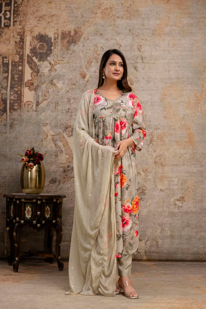 Printed Frock with Handwork, V-Neck, Sequence Work Dupatta & Plain Pant