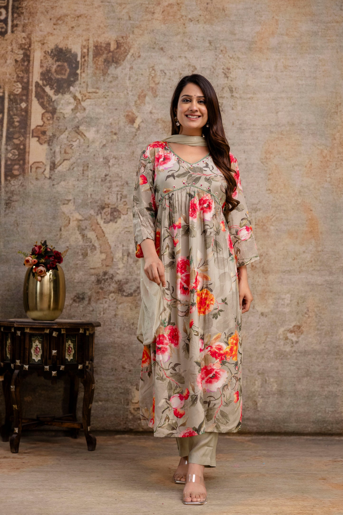 Printed Frock with Handwork, V-Neck, Sequence Work Dupatta & Plain Pant