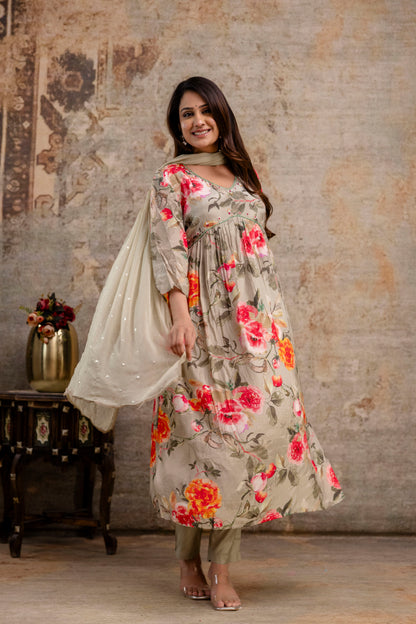 Printed Frock with Handwork, V-Neck, Sequence Work Dupatta & Plain Pant