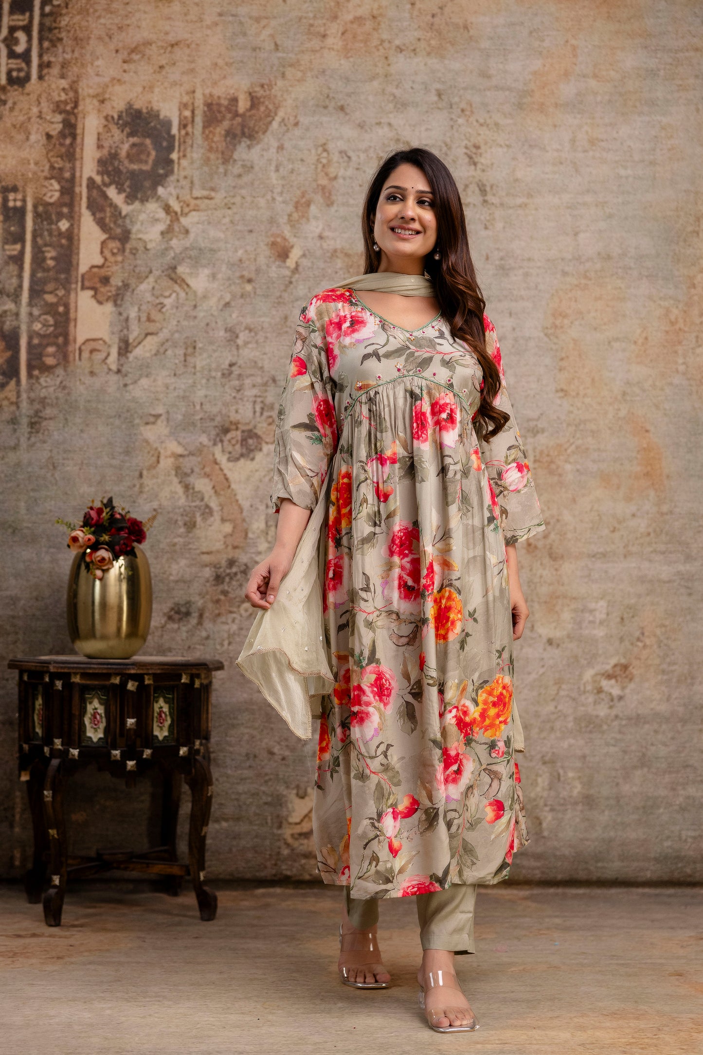 Printed Frock with Handwork, V-Neck, Sequence Work Dupatta & Plain Pant