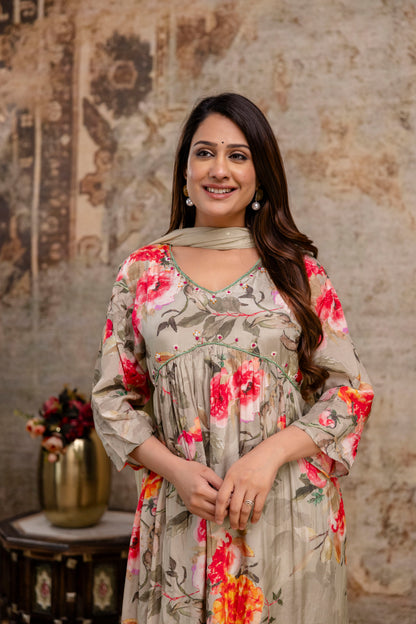 Printed Frock with Handwork, V-Neck, Sequence Work Dupatta & Plain Pant