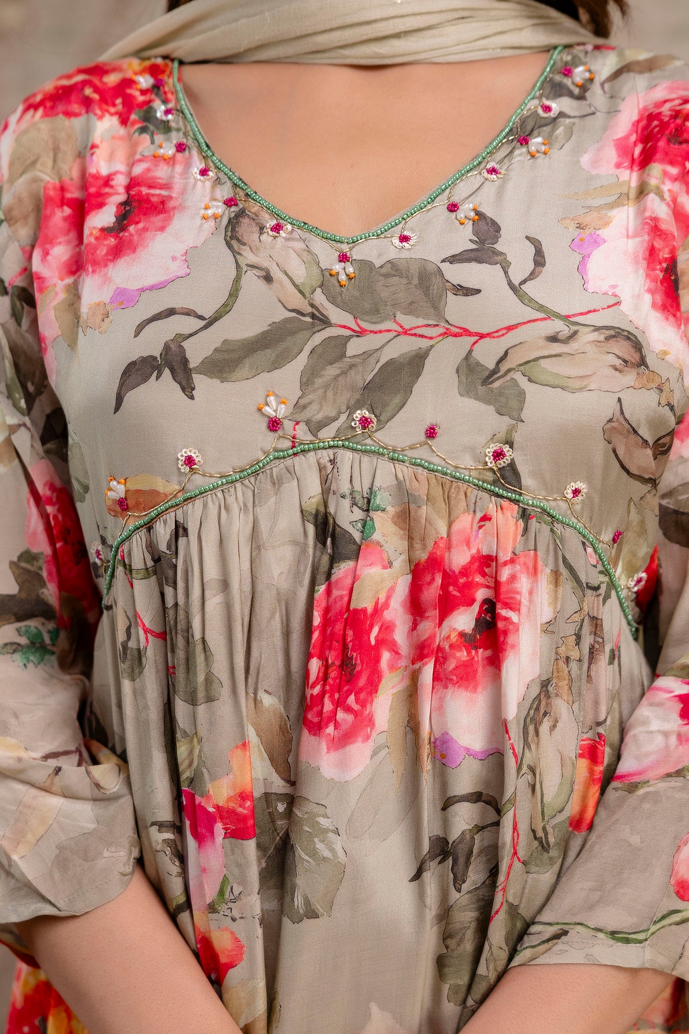 Printed Frock with Handwork, V-Neck, Sequence Work Dupatta & Plain Pant