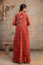 "Printed Gown with Sequence Jari Work, V-Neck, and Double-Shaded Shiffon Dupatta"