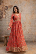 "Printed Gown with Sequence Jari Work, V-Neck, and Double-Shaded Shiffon Dupatta"