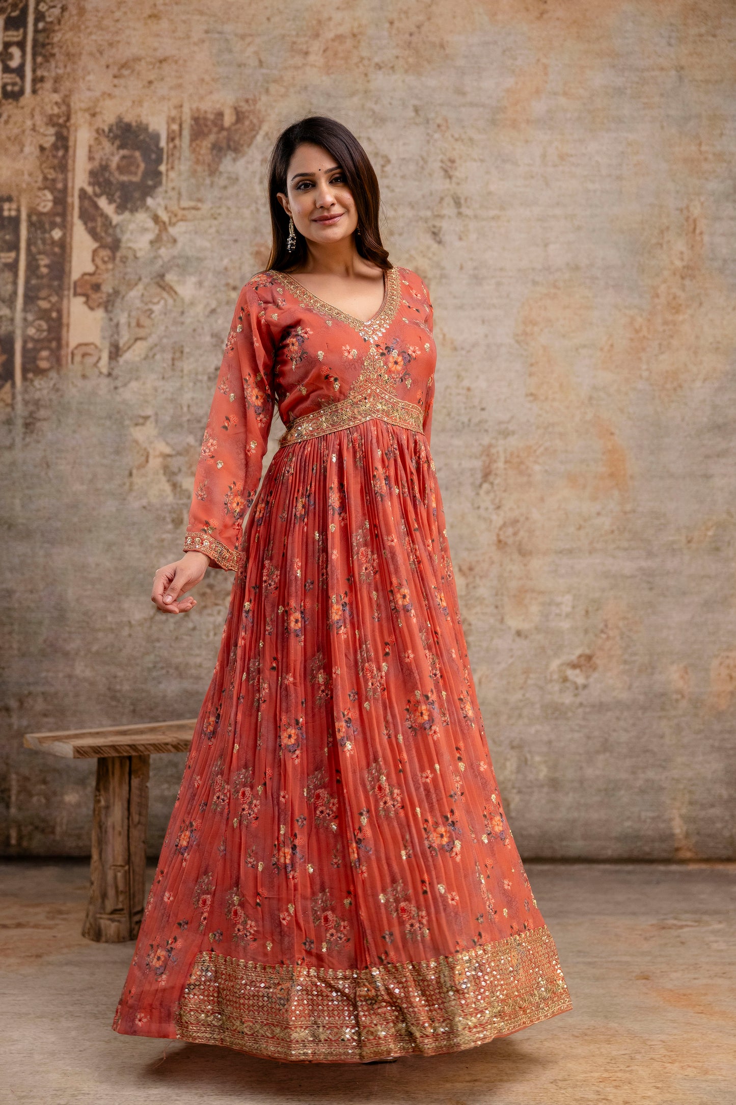 "Printed Gown with Sequence Jari Work, V-Neck, and Double-Shaded Shiffon Dupatta"
