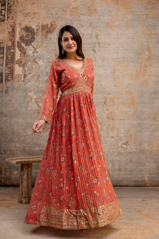 "Printed Gown with Sequence Jari Work, V-Neck, and Double-Shaded Shiffon Dupatta"