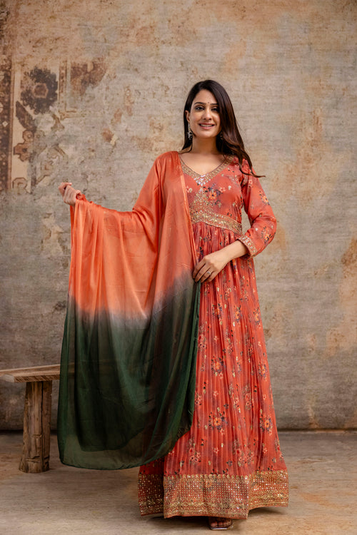 "Printed Gown with Sequence Jari Work, V-Neck, and Double-Shaded Shiffon Dupatta"