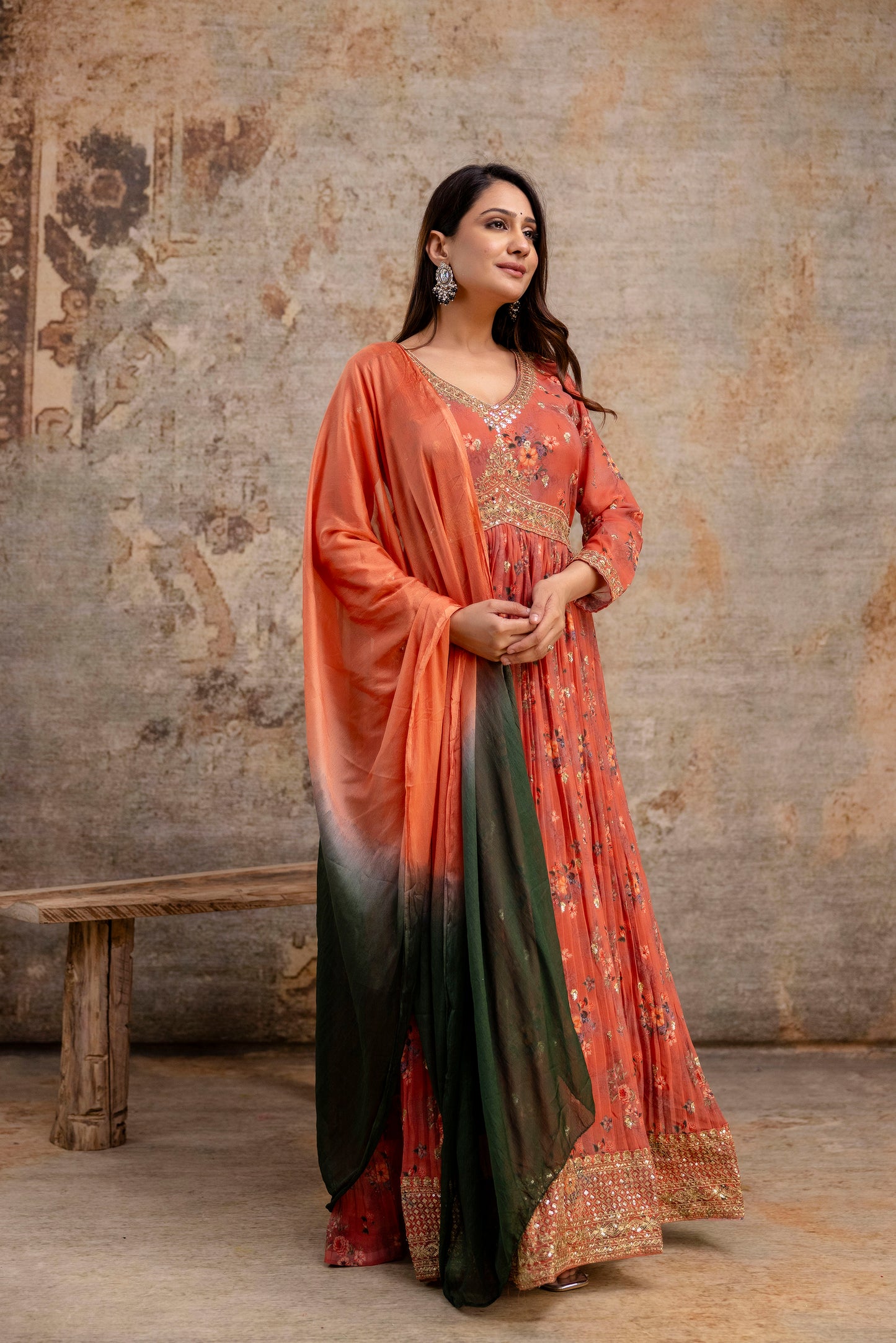 "Printed Gown with Sequence Jari Work, V-Neck, and Double-Shaded Shiffon Dupatta"