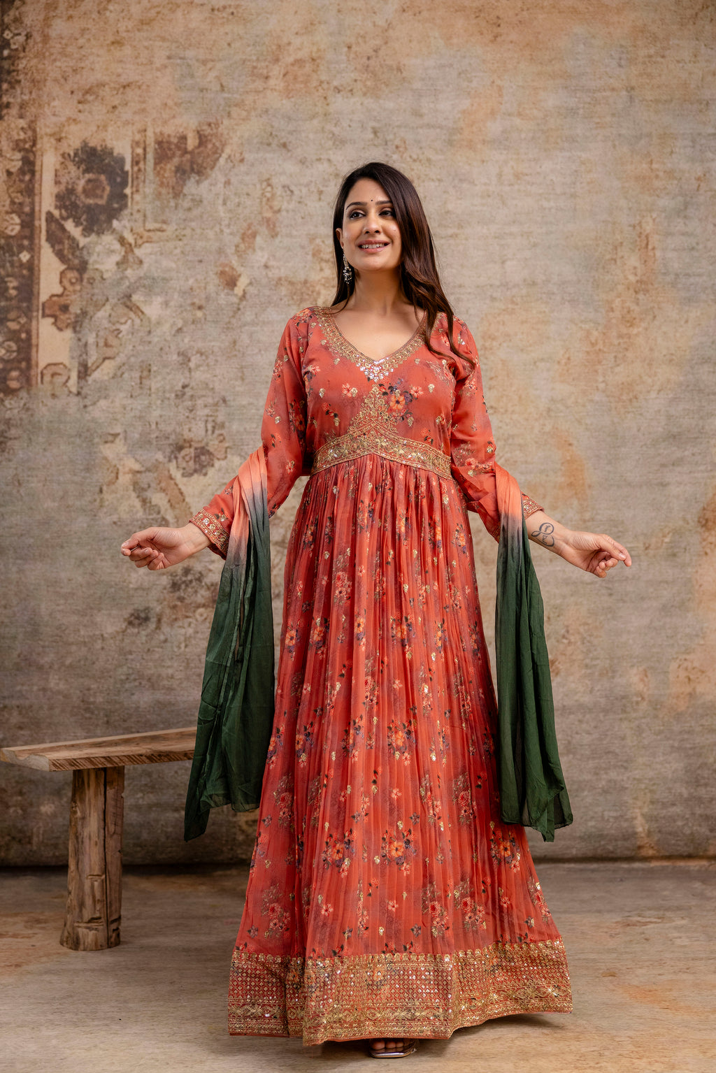 "Printed Gown with Sequence Jari Work, V-Neck, and Double-Shaded Shiffon Dupatta"