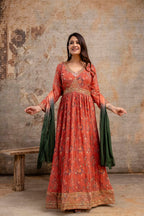 "Printed Gown with Sequence Jari Work, V-Neck, and Double-Shaded Shiffon Dupatta"