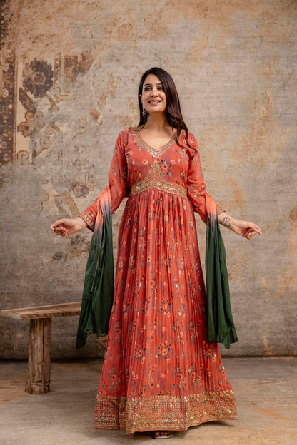 "Printed Gown with Sequence Jari Work, V-Neck, and Double-Shaded Shiffon Dupatta"