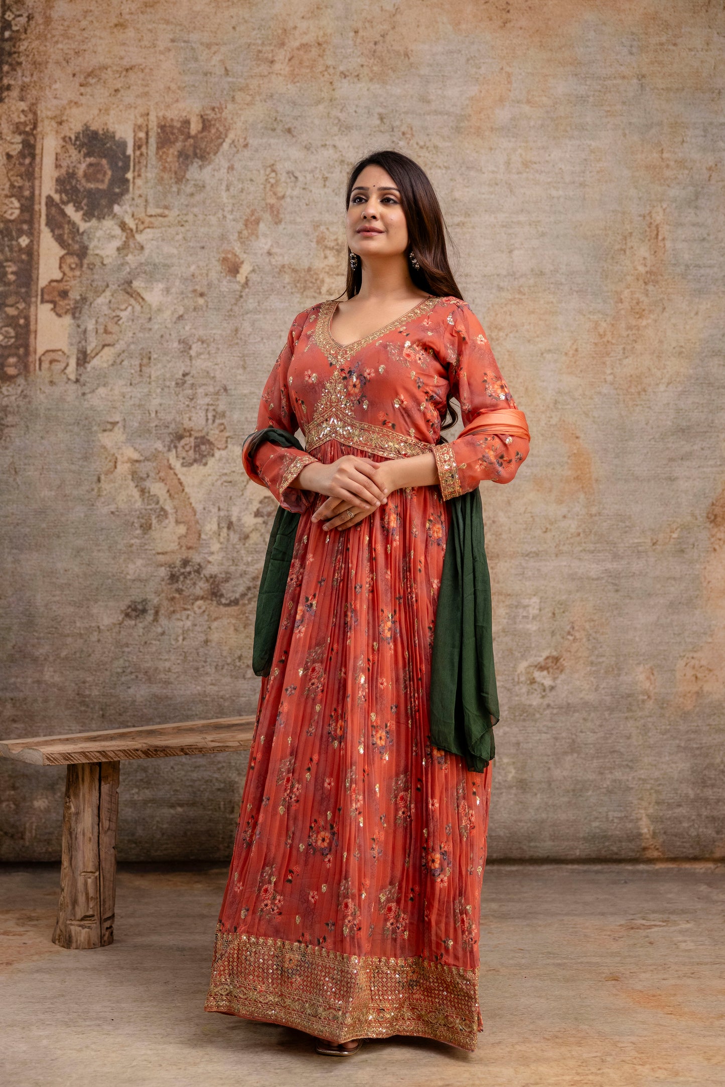 "Printed Gown with Sequence Jari Work, V-Neck, and Double-Shaded Shiffon Dupatta"