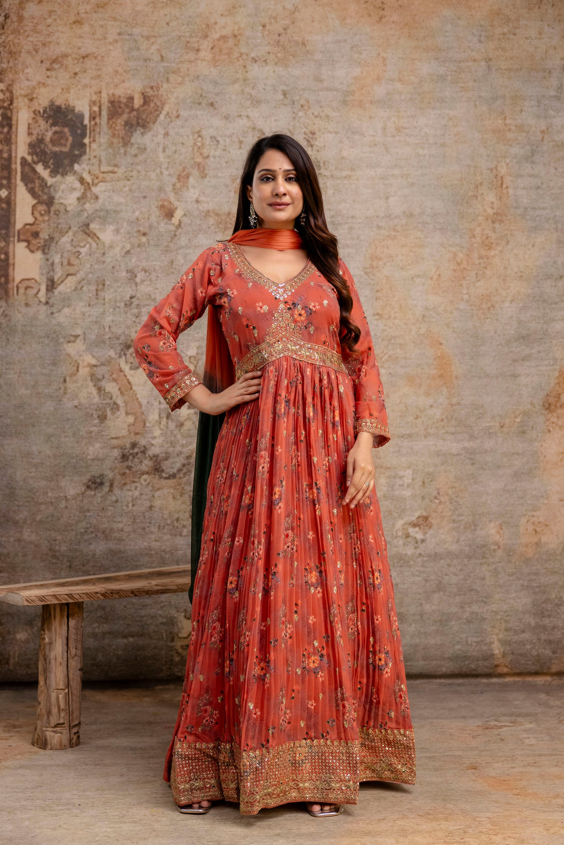 "Printed Gown with Sequence Jari Work, V-Neck, and Double-Shaded Shiffon Dupatta"
