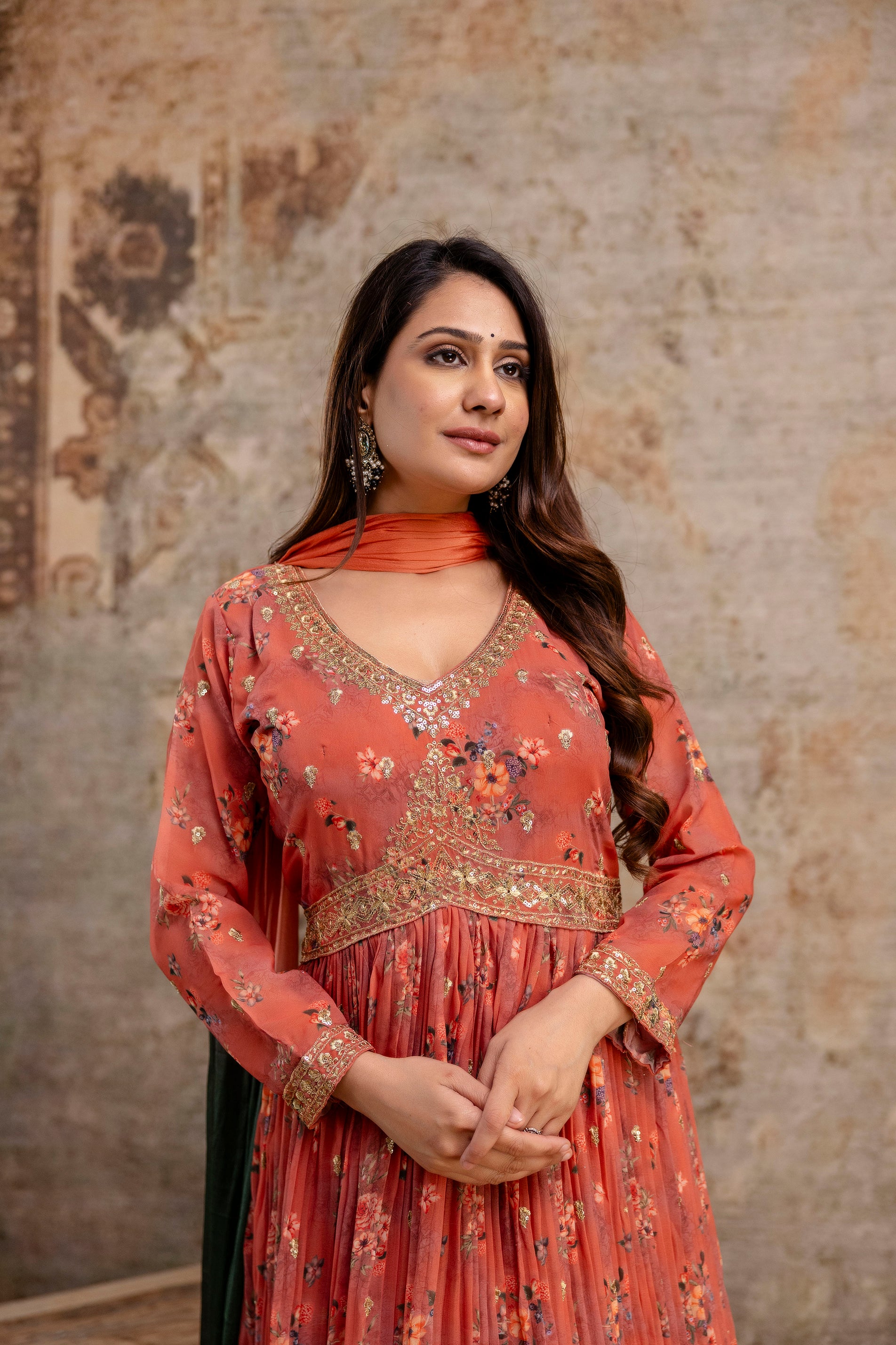 "Printed Gown with Sequence Jari Work, V-Neck, and Double-Shaded Shiffon Dupatta"