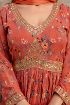 "Printed Gown with Sequence Jari Work, V-Neck, and Double-Shaded Shiffon Dupatta"