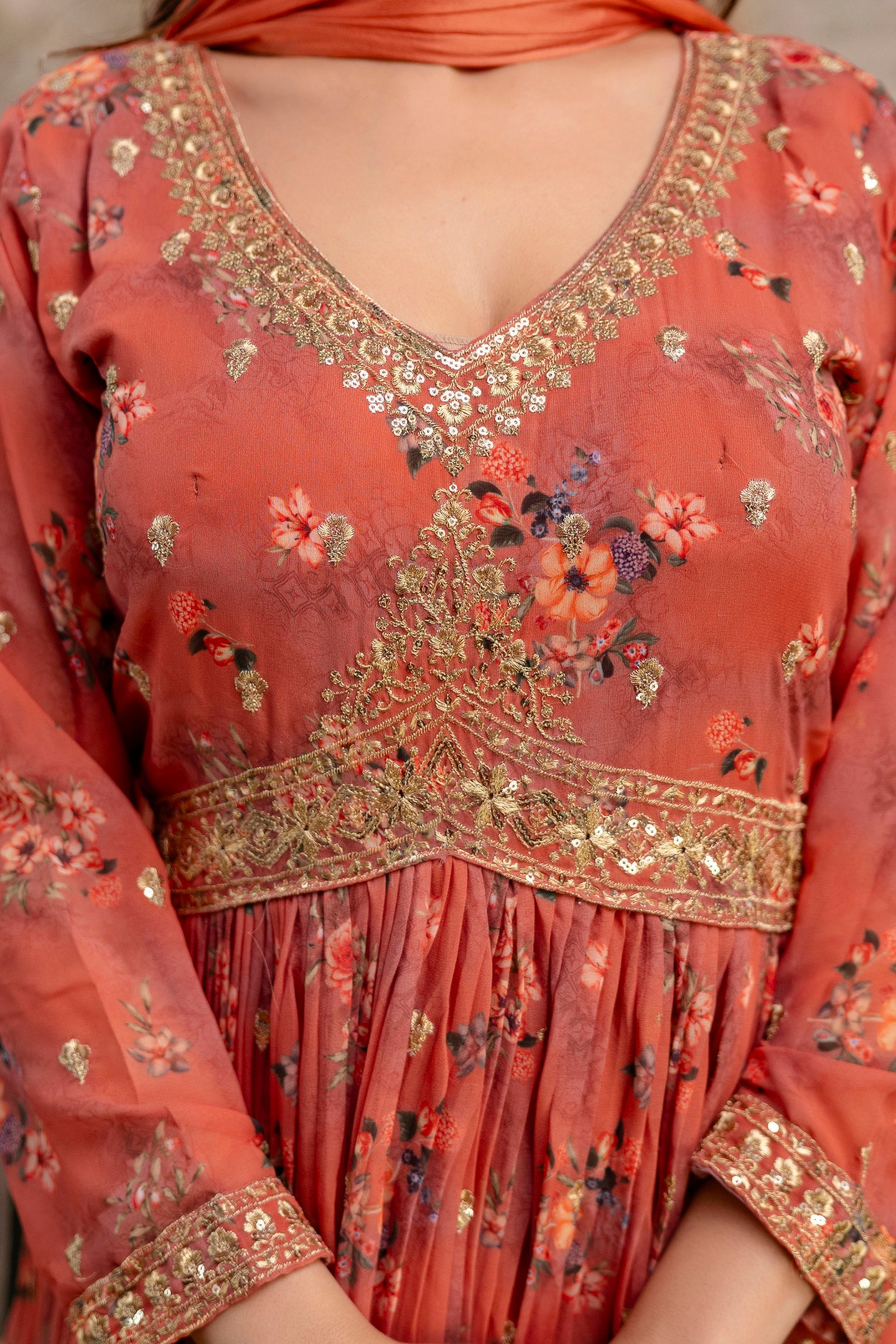"Printed Gown with Sequence Jari Work, V-Neck, and Double-Shaded Shiffon Dupatta"