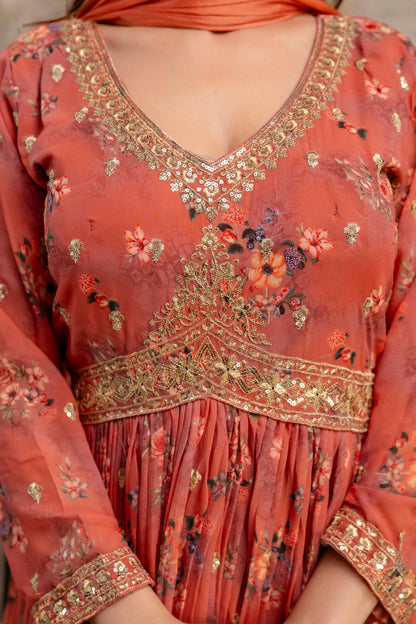 "Printed Gown with Sequence Jari Work, V-Neck, and Double-Shaded Shiffon Dupatta"