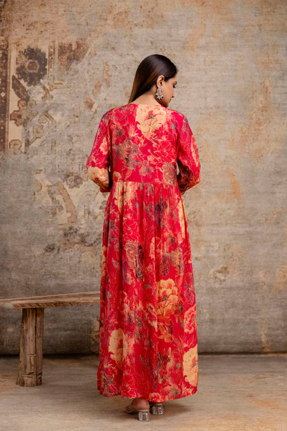 Printed Frock with Resham Work V-Neck and Shiffon Dupatta with Sequence Detailing