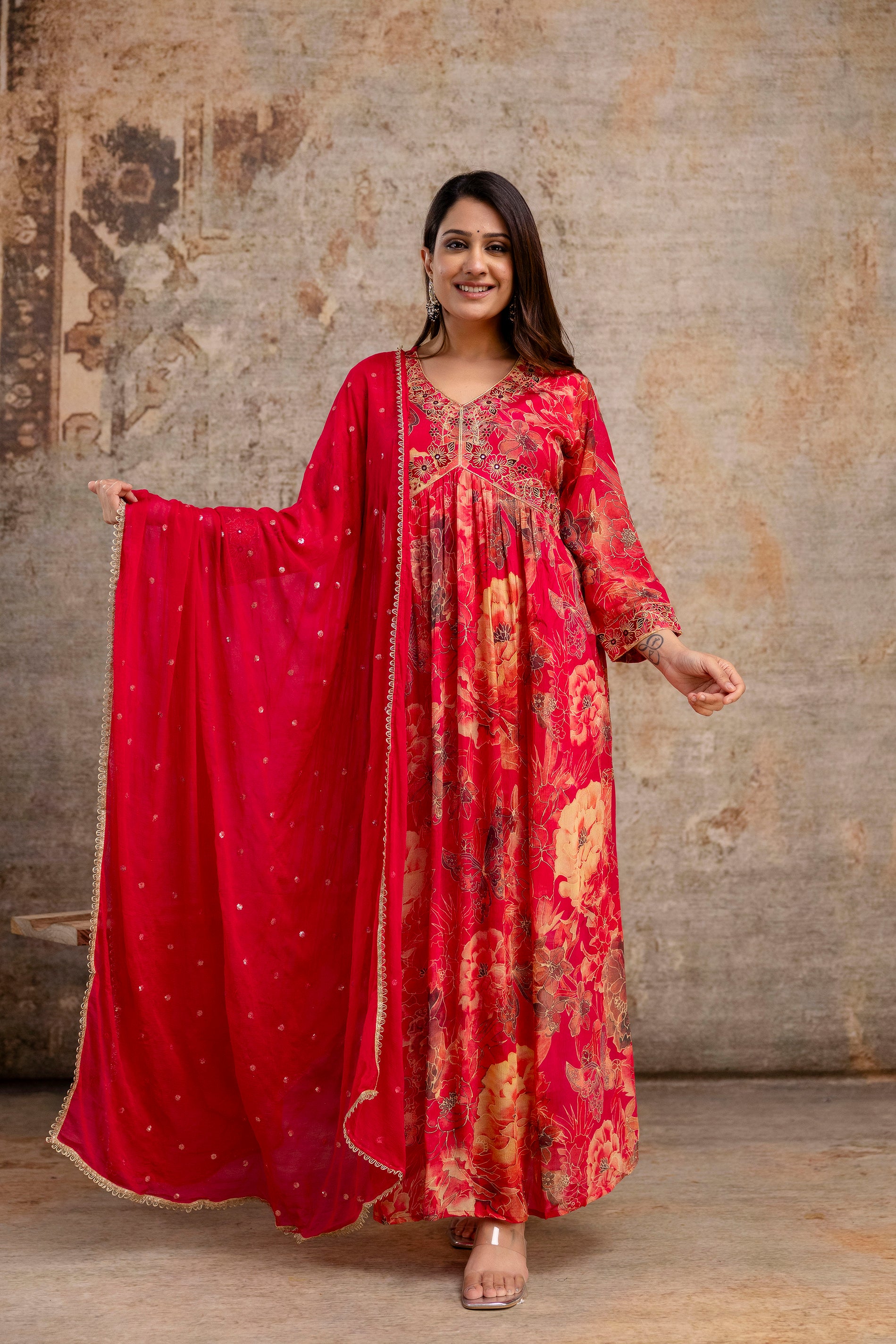 Printed Frock with Resham Work V-Neck and Shiffon Dupatta with Sequence Detailing