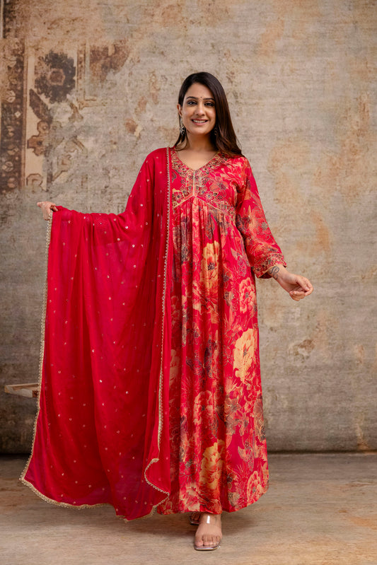 Printed Frock with Resham Work V-Neck and Shiffon Dupatta with Sequence Detailing