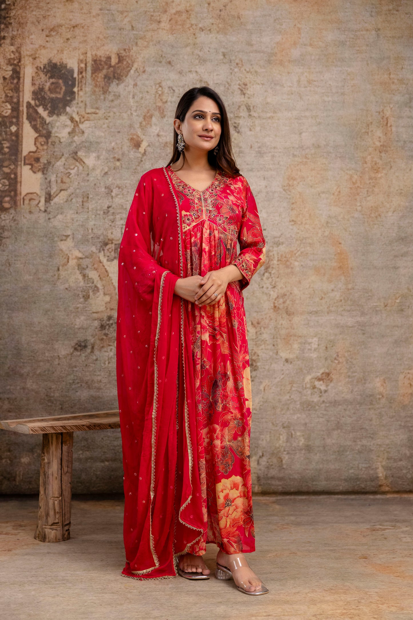 Printed Frock with Resham Work V-Neck and Shiffon Dupatta with Sequence Detailing
