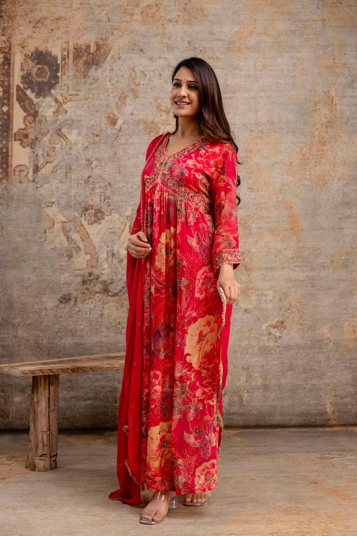 Printed Frock with Resham Work V-Neck and Shiffon Dupatta with Sequence Detailing