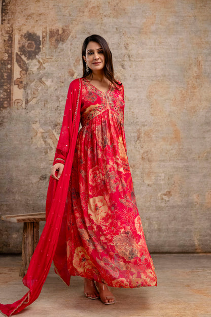 Printed Frock with Resham Work V-Neck and Shiffon Dupatta with Sequence Detailing