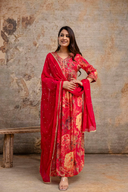 Printed Frock with Resham Work V-Neck and Shiffon Dupatta with Sequence Detailing