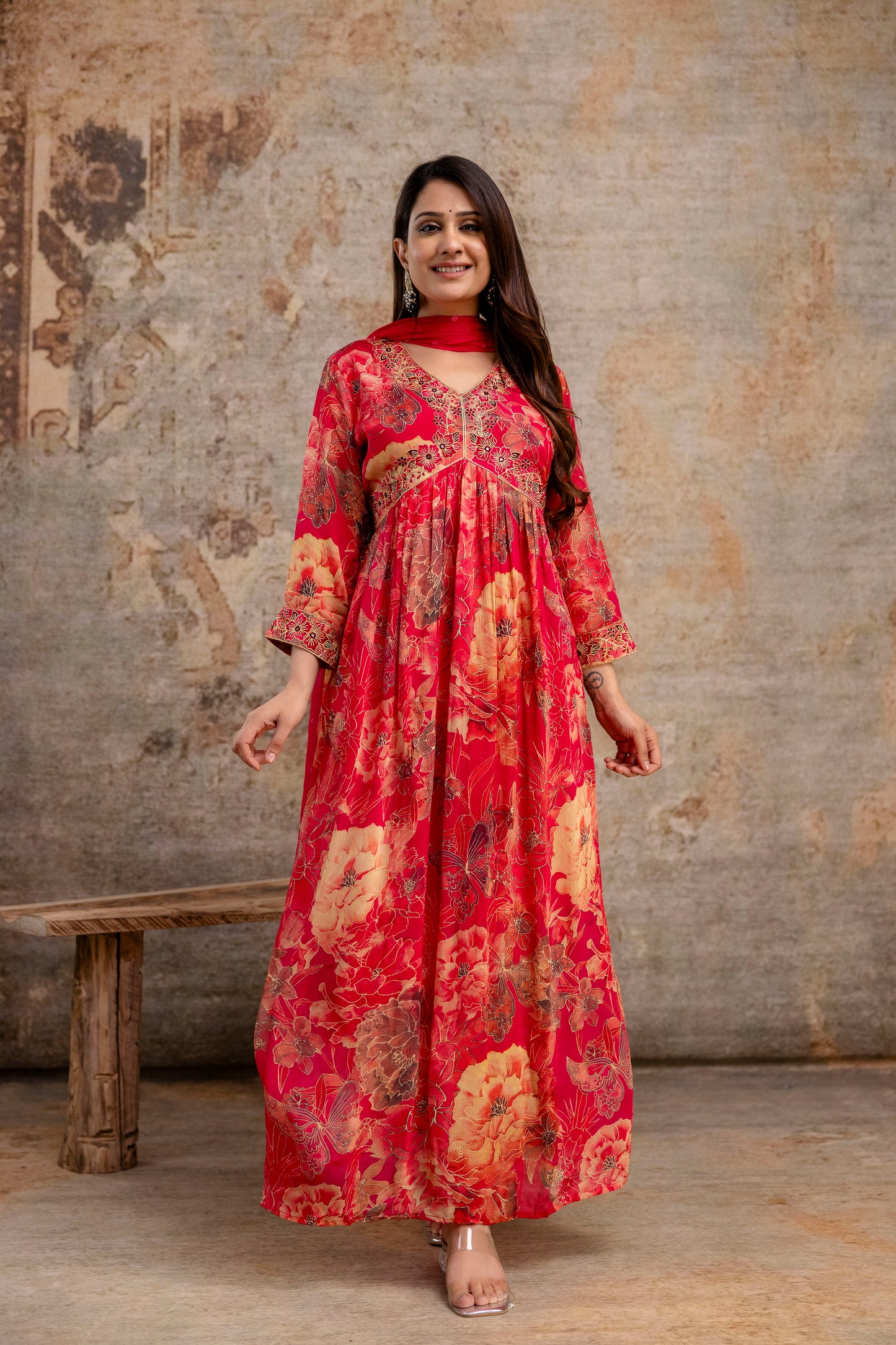 Printed Frock with Resham Work V-Neck and Shiffon Dupatta with Sequence Detailing