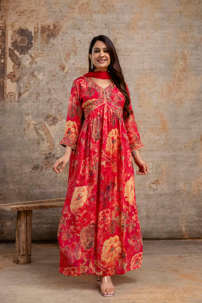 Printed Frock with Resham Work V-Neck and Shiffon Dupatta with Sequence Detailing